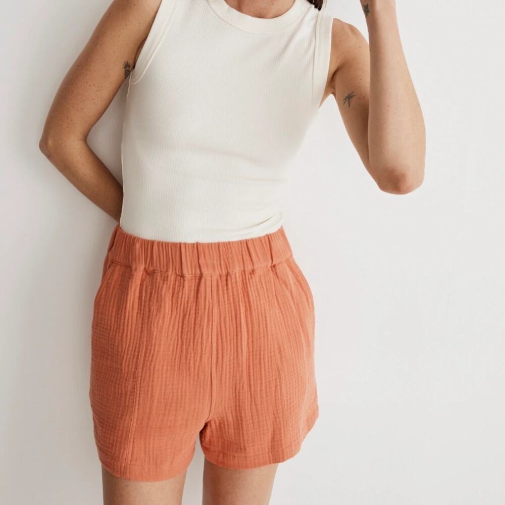 Madewell Lightspun Gauze Pull On Shorts Seamed Cotton Women XS Rust NWT MSRP $50